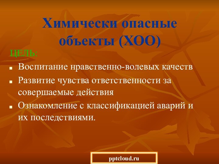 Химически опасные объекты (ХОО)ЦЕЛЬ:Воспитание нравственно-волевых качествРазвитие чувства ответственности за совершаемые действияОзнакомление с