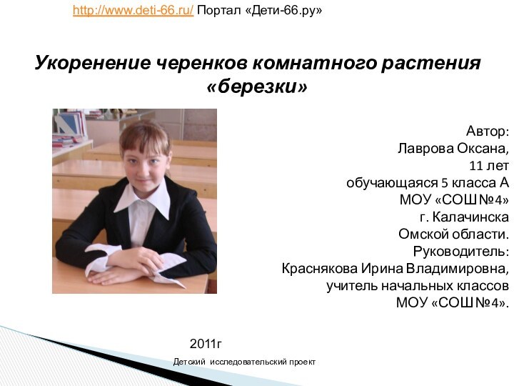 Укоренение черенков комнатного растения «березки»Автор: Лаврова Оксана,11 лет обучающаяся 5 класса АМОУ