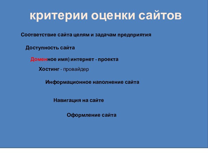 критерии оценки сайтовСоответствие сайта целям и задачам предприятияДоступность сайтаДоменное имя) интернет -