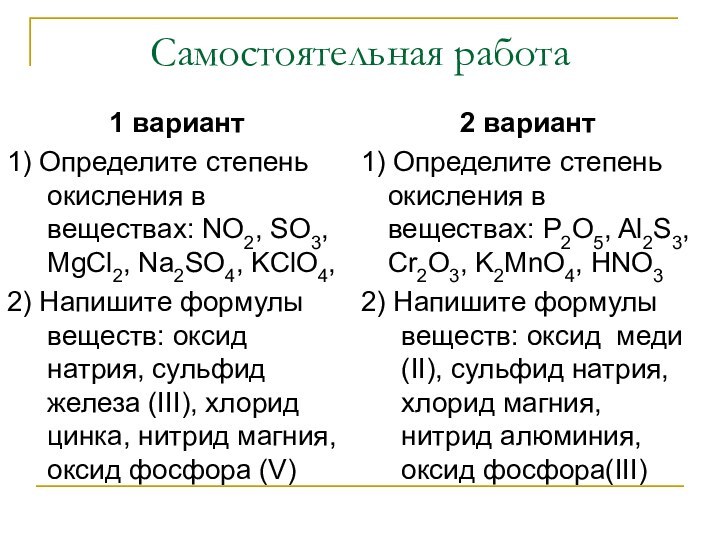 Самостоятельная работа1 вариант1) Определите степень окисления в веществах: NO2, SO3, MgCl2, Na2SO4,