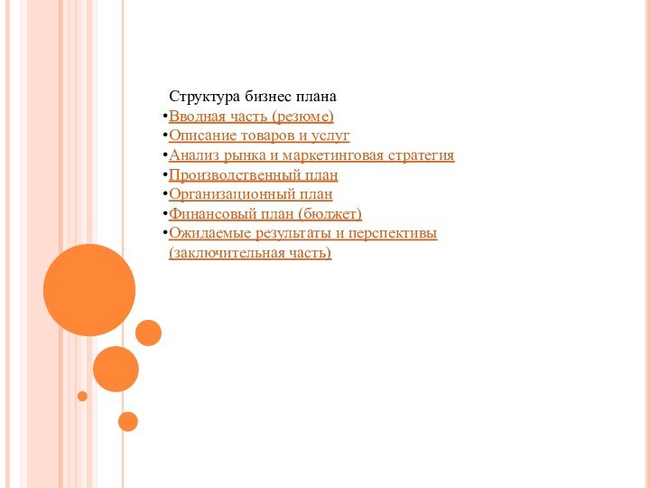 Структура бизнес планаВводная часть (резюме)Описание товаров и услугАнализ рынка и маркетинговая стратегияПроизводственный