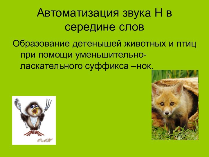 Автоматизация звука Н в середине словОбразование детенышей животных и птиц при помощи уменьшительно-ласкательного суффикса –нок.