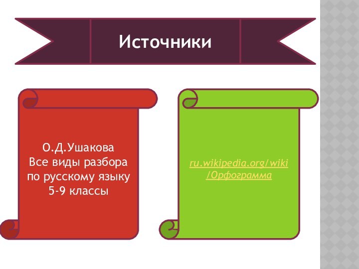 О.Д.УшаковаВсе виды разборапо русскому языку5-9 классыru.wikipedia.org/wiki/ОрфограммаИсточники