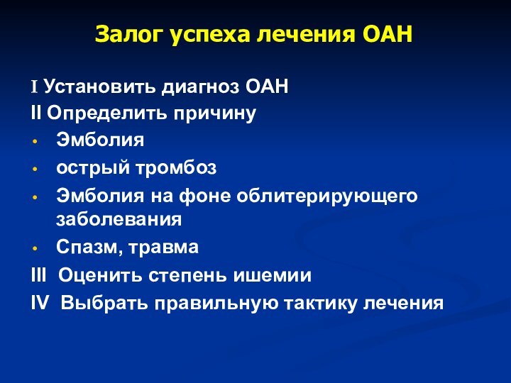 Залог успеха лечения ОАНI Установить диагноз ОАНII Определить причинуЭмболия