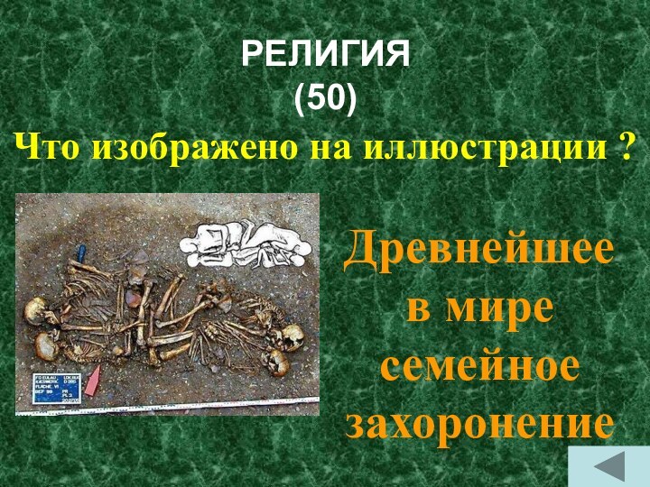 РЕЛИГИЯ  (50)Что изображено на иллюстрации ?Древнейшее в мире семейное захоронение