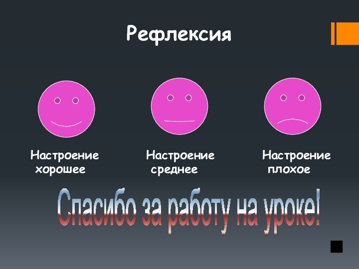 Спасибо за работу на уроке!Настроение хорошееНастроение среднееНастроение плохоеРефлексия