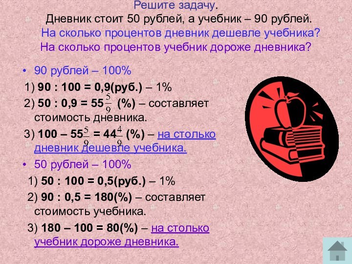 Решите задачу.  Дневник стоит 50 рублей, а учебник – 90 рублей.