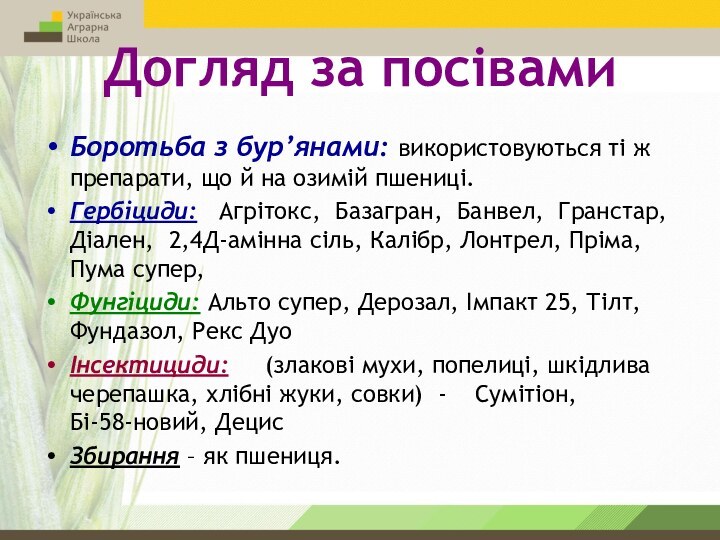 Догляд за посівамиБоротьба з бур’янами: використовуються ті ж препарати, що й на