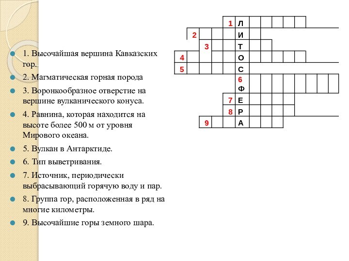 1. Высочайшая вершина Кавказских гор.2. Магматическая горная порода3. Воронкообразное отверстие на вершине