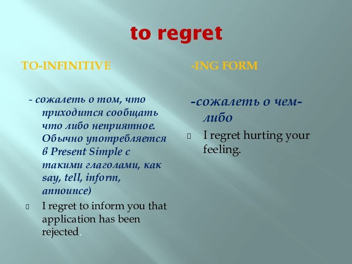 to regretto-infinitive  -ing form - сожалеть о том, что приходится сообщать