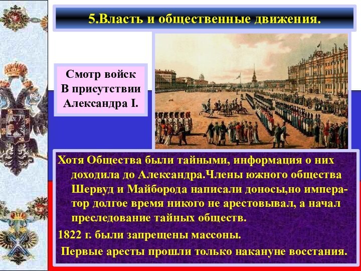 Хотя Общества были тайными, информация о них доходила до Александра.Члены южного общества