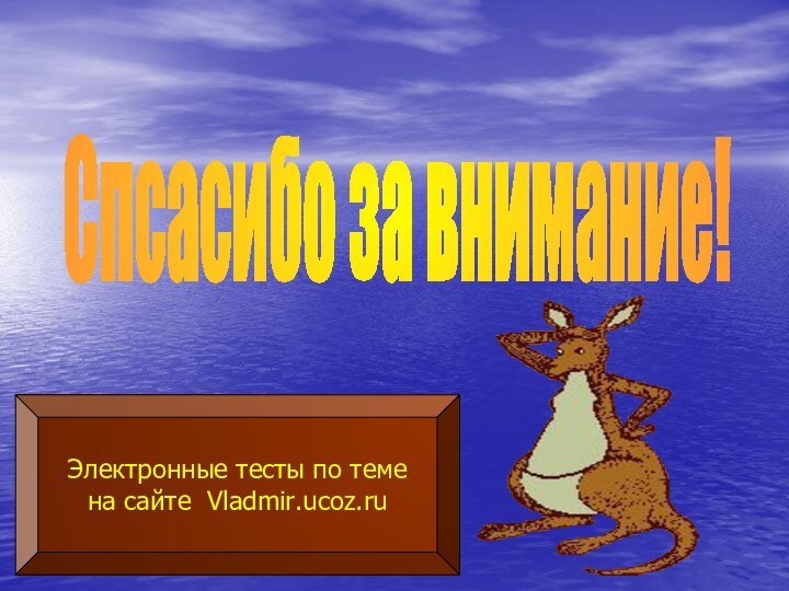 Спсасибо за внимание!Электронные тесты по теме на сайте Vladmir.ucoz.ru