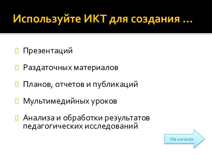 Используйте ИКТ для создания …ПрезентацийРаздаточных материаловПланов, отчетов и публикацийМультимедийных уроков	Анализа и обработки результатов педагогических исследованийНа начало