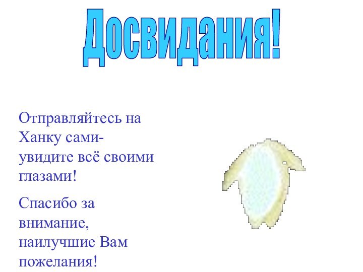 Досвидания!Отправляйтесь на Ханку сами- увидите всё своими глазами!Спасибо за внимание,наилучшие Вам пожелания!