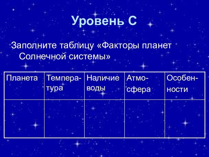 Уровень СЗаполните таблицу «Факторы планет Солнечной системы»