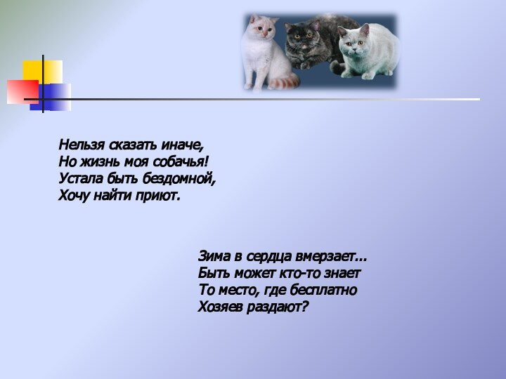 Нельзя сказать иначе,Но жизнь моя собачья!Устала быть бездомной,Хочу найти приют. Зима в