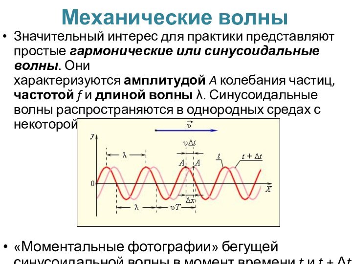 Механические волныЗначительный интерес для практики представляют простые гармонические или синусоидальные волны. Они характеризуются амплитудой A колебания
