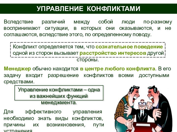 УПРАВЛЕНИЕ КОНФЛИКТАМИВследствие различий между собой люди по-разному воспринимают ситуации, в которых они