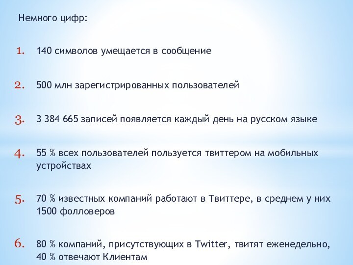 Немного цифр:140 символов умещается в сообщение 500 млн зарегистрированных пользователей3 384 665