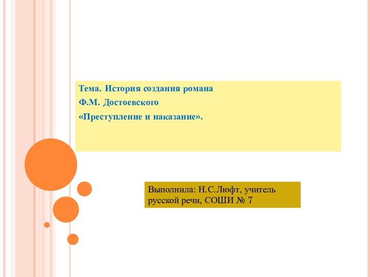 Тема. История создания романа Ф.М. Достоевского «Преступление и наказание».Выполнила: Н.С.Люфт, учитель русской речи, СОШИ № 7