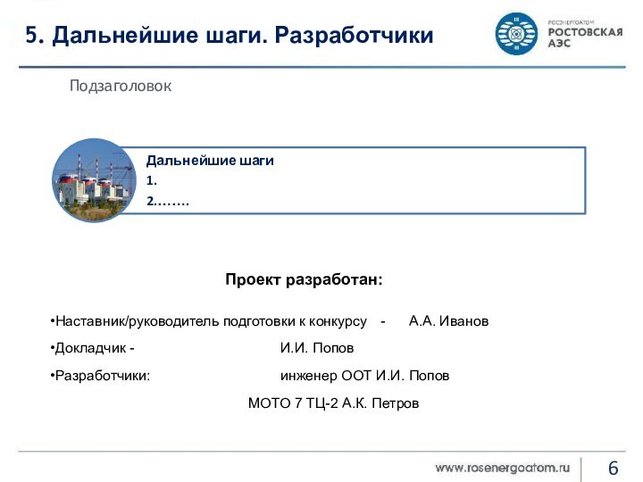 5. Дальнейшие шаги. РазработчикиПодзаголовокПроект разработан:Наставник/руководитель подготовки к конкурсу	 -	А.А. ИвановДокладчик -					И.И. ПоповРазработчики:					инженер