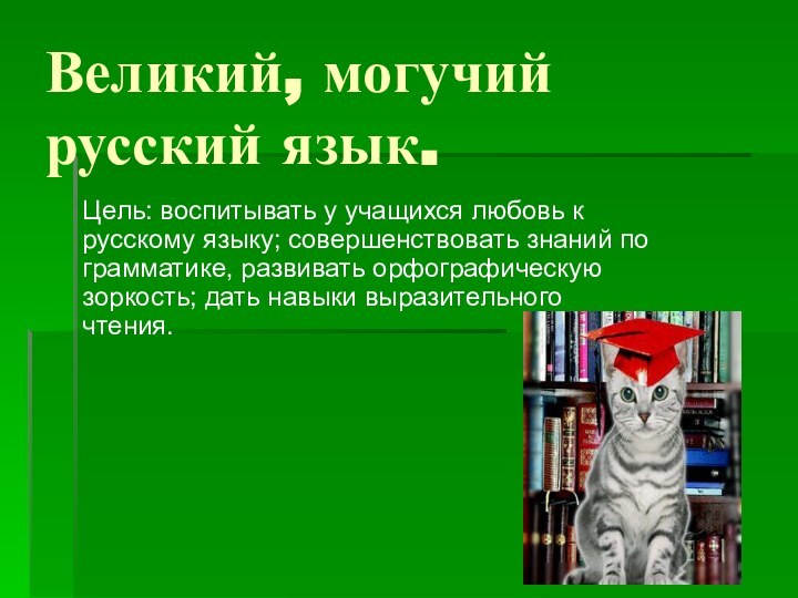 Великий, могучий русский язык.Цель: воспитывать у учащихся любовь к русскому языку; совершенствовать