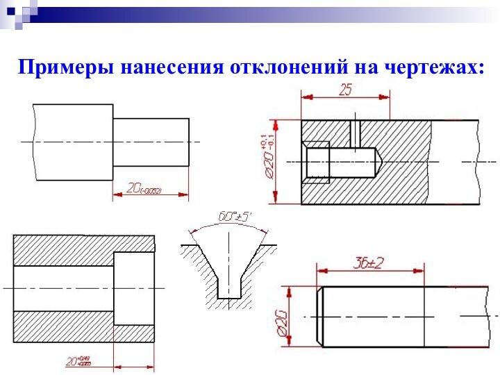 Примеры нанесения отклонений на чертежах: