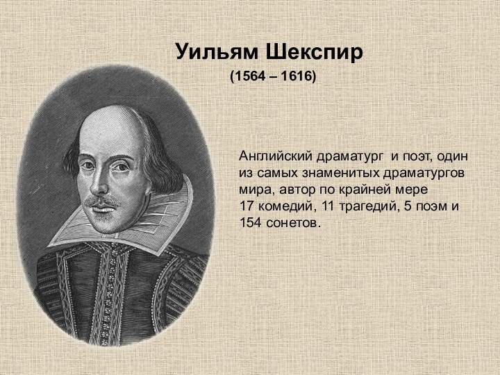 Уильям Шекспир (1564 – 1616)Английский драматург и поэт, один из самых знаменитых