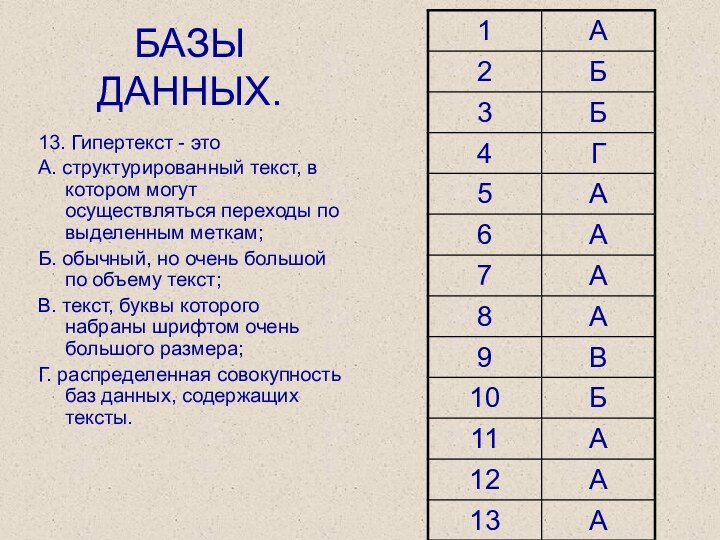 БАЗЫ ДАННЫХ.13. Гипертекст - это А. структурированный текст, в котором могут осуществляться переходы