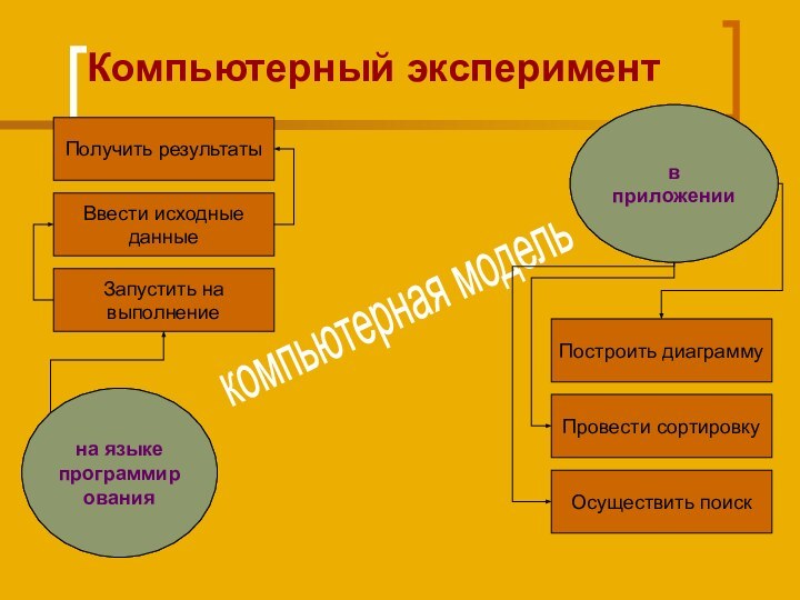 Компьютерный экспериментна языке программированияв приложениикомпьютерная модельПолучить результатыВвести исходные данныеЗапустить на выполнениеОсуществить поискПровести