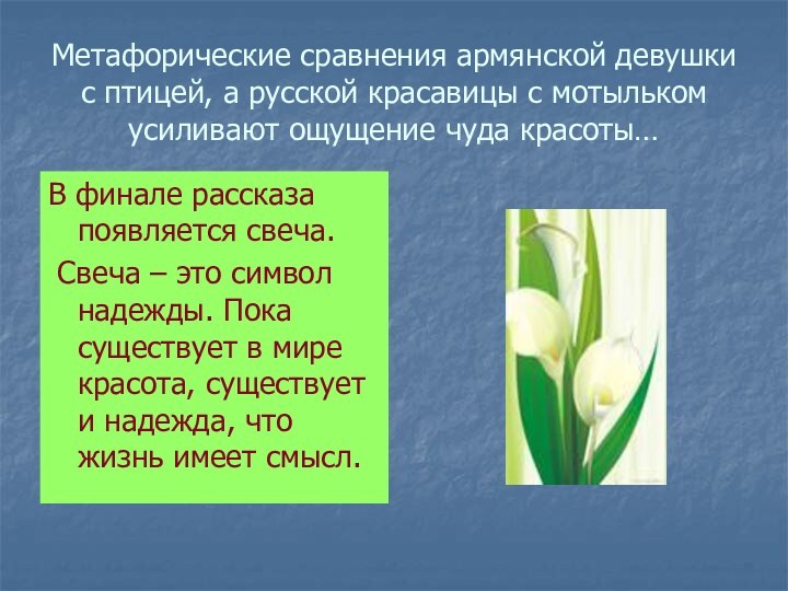 Метафорические сравнения армянской девушки с птицей, а русской красавицы с мотыльком усиливают