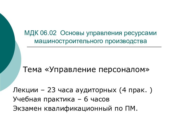 МДК 06.02 Основы управления ресурсами машиностроительного производства Тема «Управление персоналом»Лекции – 23