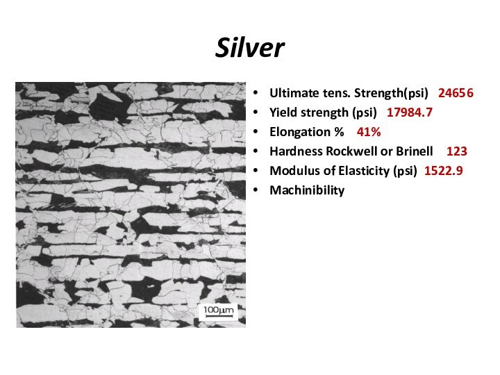 SilverUltimate tens. Strength(psi)  24656Yield strength (psi)  17984.7Elongation %  41%Hardness