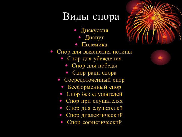 Виды спораДискуссияДиспутПолемикаСпор для выяснения истиныСпор для убежденияСпор для победыСпор ради спораСосредоточенный спорБесформенный