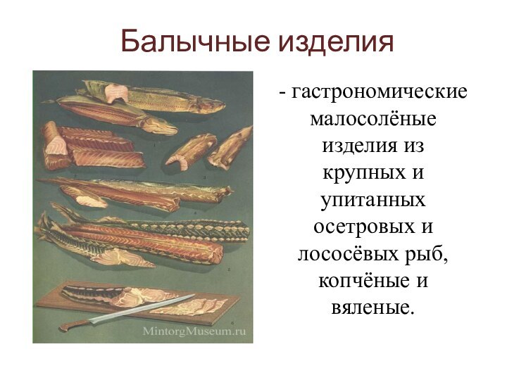 Балычные изделия- гастрономические малосолёные изделия из крупных и упитанных осетровых и лососёвых рыб, копчёные и вяленые.