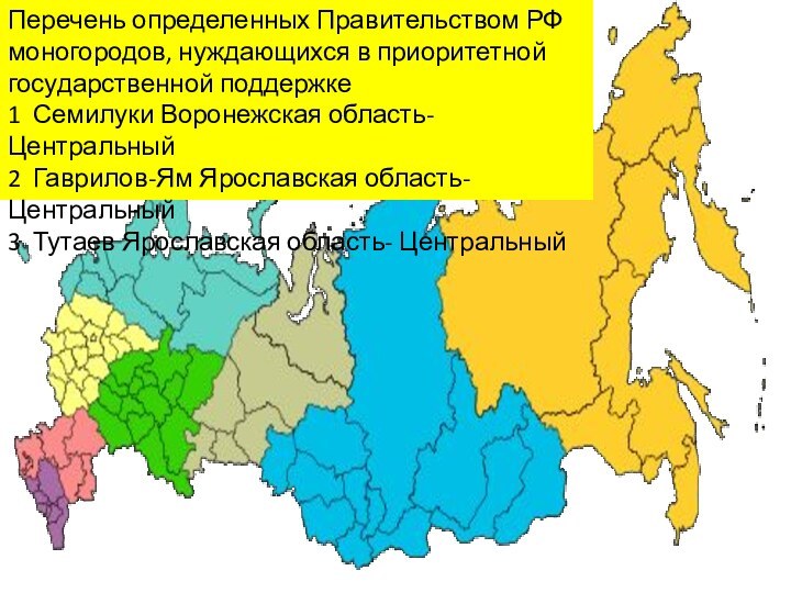 Перечень определенных Правительством РФ моногородов, нуждающихся в приоритетной государственной поддержке1 Семилуки Воронежская