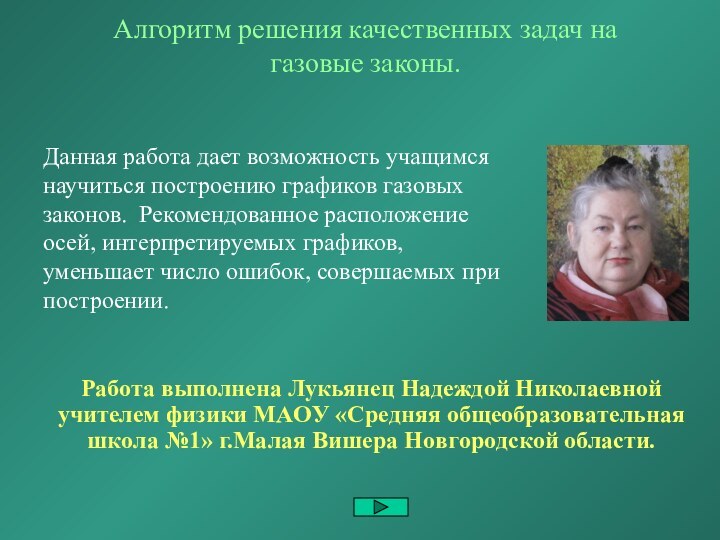 Алгоритм решения качественных задач на газовые законы.Работа выполнена Лукьянец Надеждой Николаевной учителем