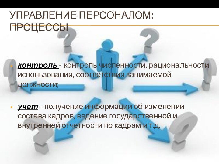 Управление персоналом: Процессыконтроль - контроль численности, рациональности использования, соответствия занимаемой должности;учет -