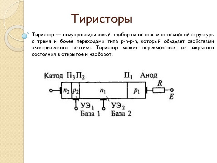 ТиристорыТиристор — полупроводниковый прибор на основе многослойной структуры с тремя и более