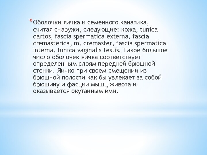 Оболочки яичка и семенного канатика, считая снаружи, следующие: кожа, tunica dartos, fascia
