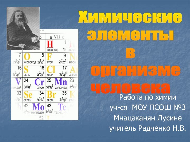 Работа по химииуч-ся МОУ ПСОШ №3Мнацаканян Лусинеучитель Радченко Н.В.Химические элементы в  организме человека