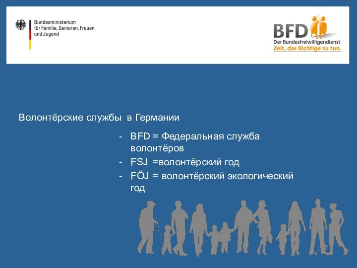 Волонтёрские службы в Германии 			 			BFD	= Федеральная служба волонтёров FSJ	=волонтёрский годFÖJ	= волонтёрский экологический год