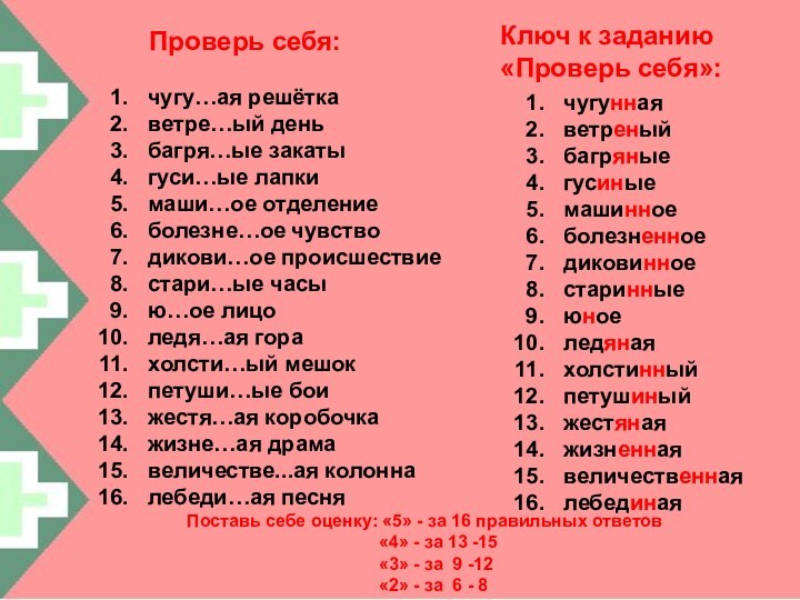 Проверь себя:чугу…ая решёткаветре…ый деньбагря…ые закатыгуси…ые лапкимаши…ое отделениеболезне…ое чувстводикови…ое происшествиестари…ые часыю…ое лицоледя…ая горахолсти…ый