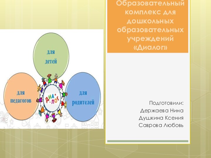 Образовательный комплекс для дошкольных образовательных  учреждений «Диалог»Подготовили: Держаева НинаДушкина КсенияСаврова Любовь