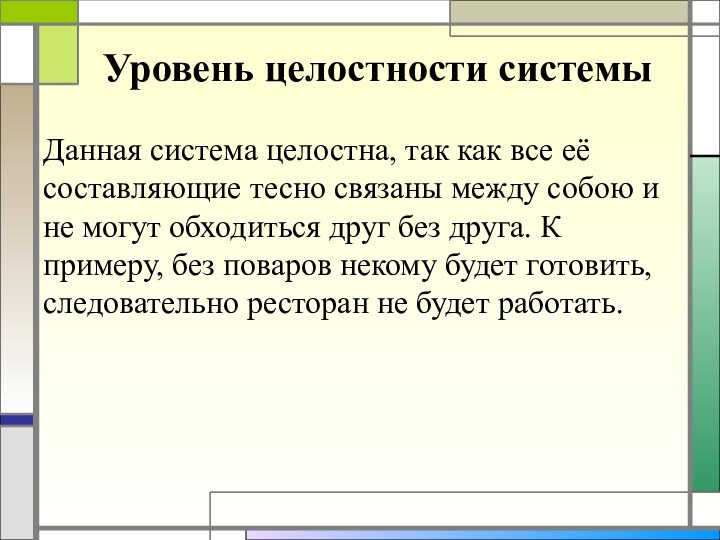 Уровень целостности системыДанная система целостна, так как все её составляющие тесно связаны