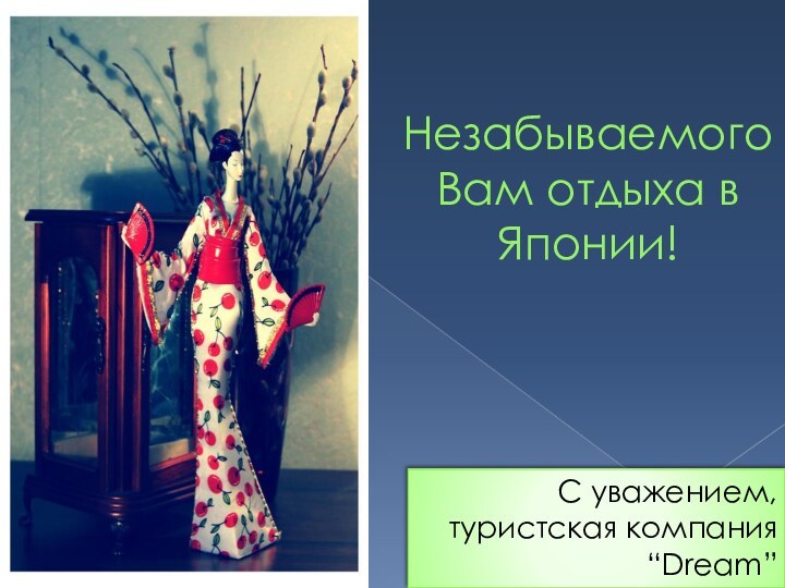 Незабываемого Вам отдыха в Японии!  С уважением, туристская компания “Dream”