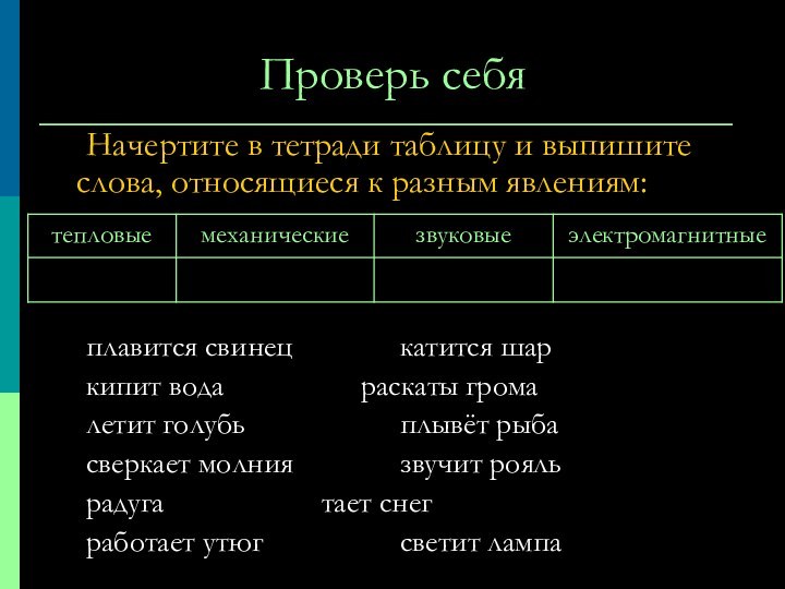 Проверь себя	Начертите в тетради таблицу и выпишите слова, относящиеся к разным явлениям:	плавится