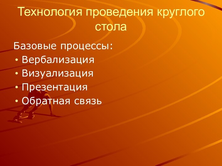 Технология проведения круглого столаБазовые процессы:Вербализация ВизуализацияПрезентацияОбратная связь