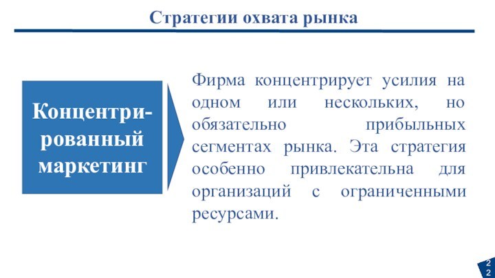 Стратегии охвата рынкаКонцентри-рованный маркетингФирма концентрирует усилия на одном или нескольких, но обязательно