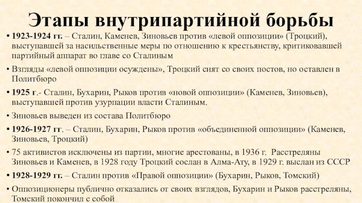 Этапы внутрипартийной борьбы1923-1924 гг. – Сталин, Каменев, Зиновьев против «левой оппозиции» (Троцкий),